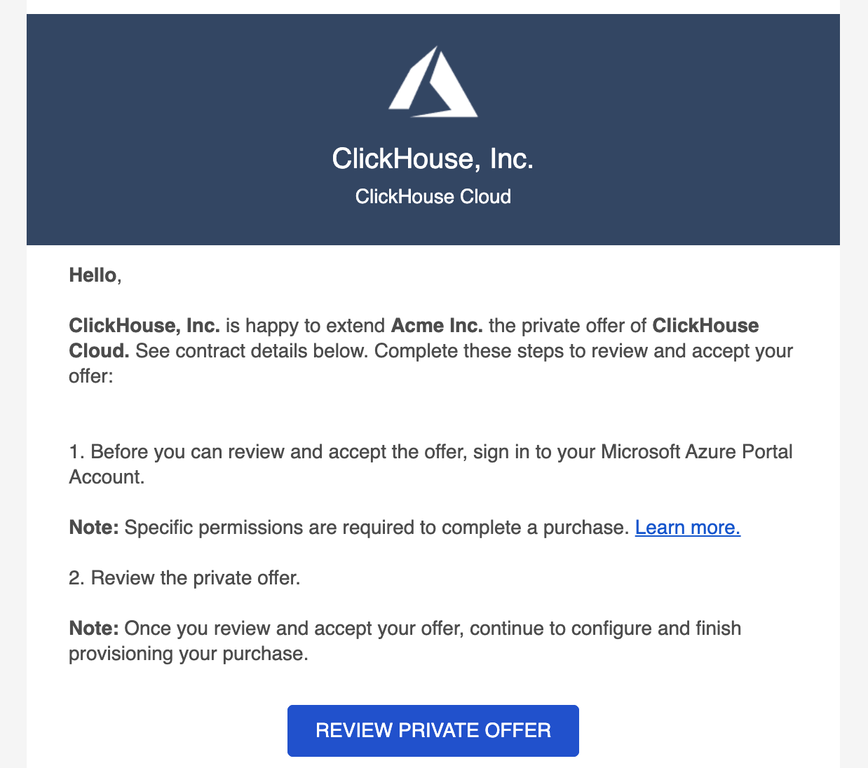 Azure Marketplace private offer email - Zoomed