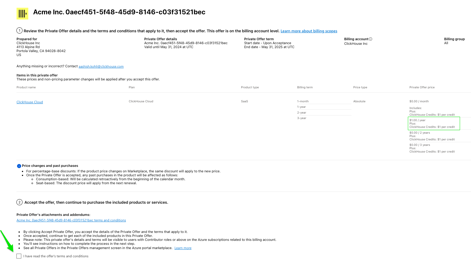 Azure Marketplace private offer details - Zoomed