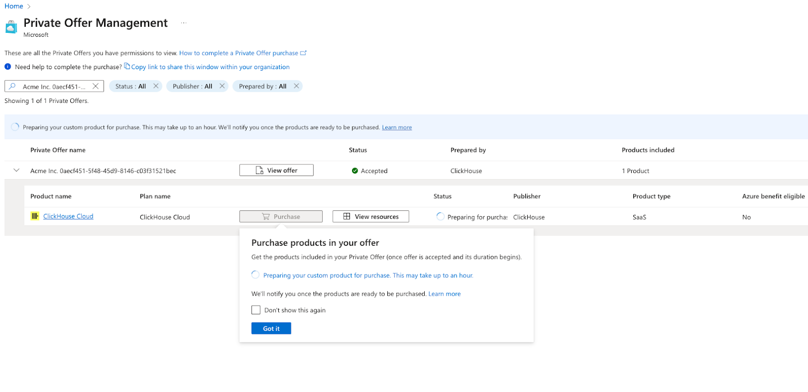 Azure Marketplace Private Offer Management page - Zoomed