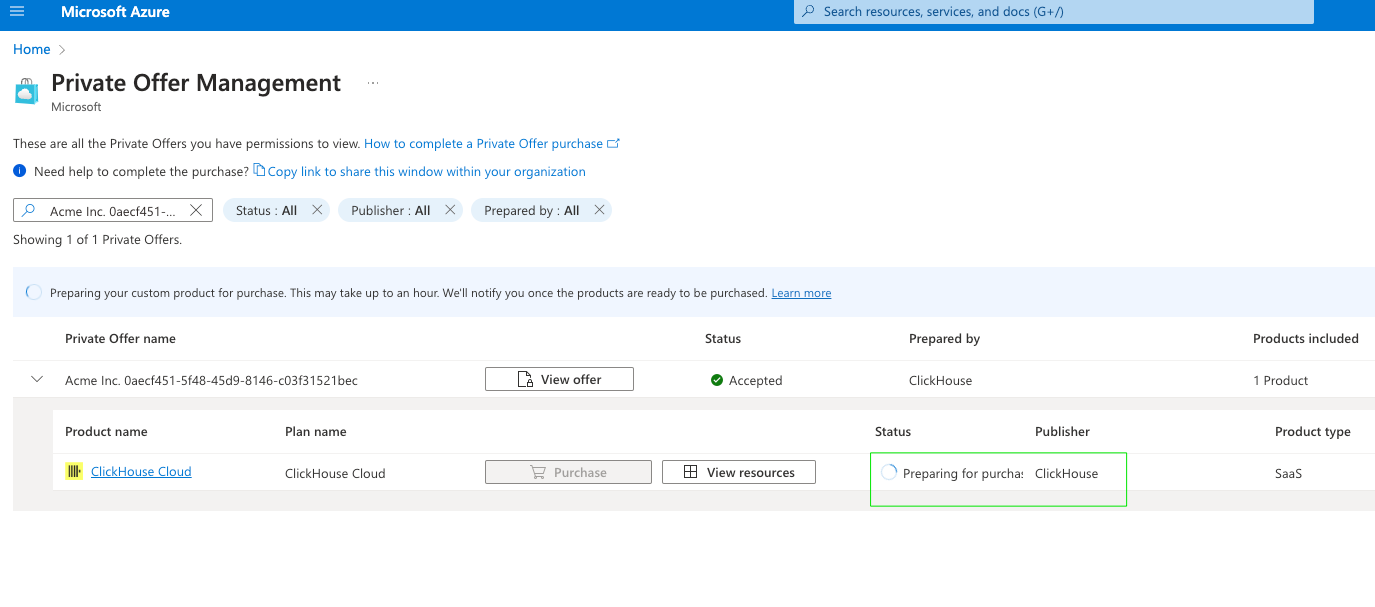 Azure Marketplace Private Offer Management page loading - Zoomed