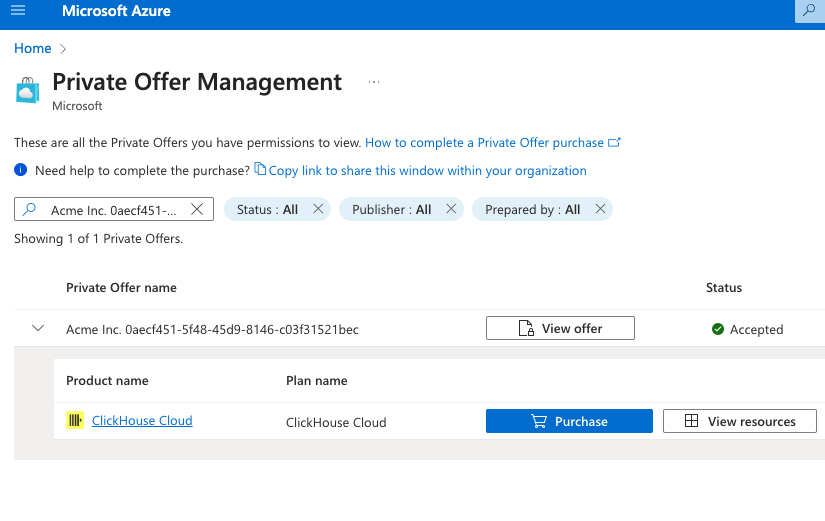 Azure Marketplace Private Offer Management page purchase enabled - Zoomed
