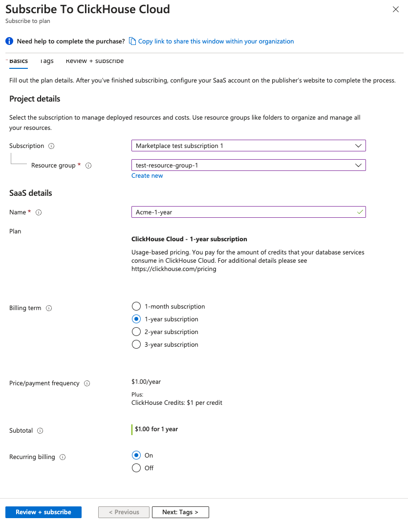 Azure Marketplace subscription form - Zoomed