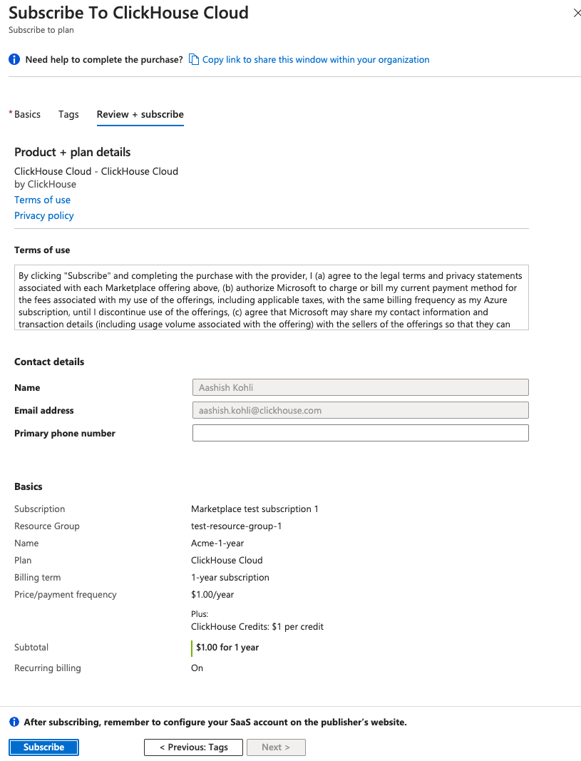 Azure Marketplace subscription confirmation - Zoomed
