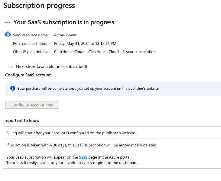 Azure Marketplace subscription submitting page - Zoomed