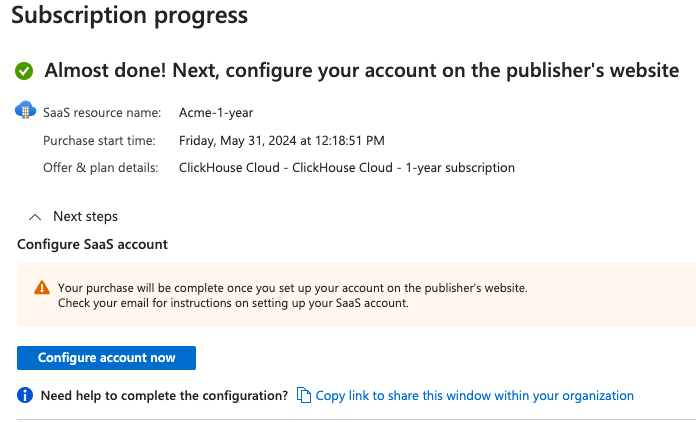 Azure Marketplace configure account now button - Zoomed
